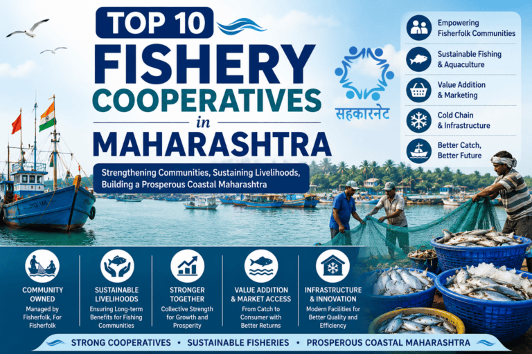 Top 10 Fishery Cooperatives in Maharashtra Traditional fishing boats and fishermen cooperative societies along the Maharashtra coastline supporting sustainable fisheries and livelihoods