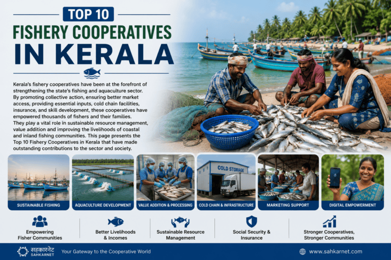 Kerala fishery cooperatives showing fishermen, fishing boats, fish landing, aquaculture and cooperative-led fisheries development.