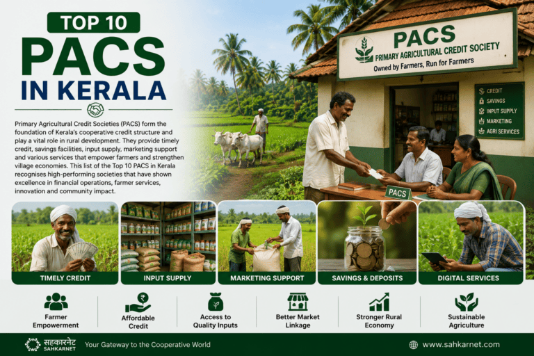 Top 10 PACS in Kerala Representative image of Primary Agricultural Credit Societies (PACS) in Kerala showing farmers, rural banking, agricultural credit, cooperative services and village development.