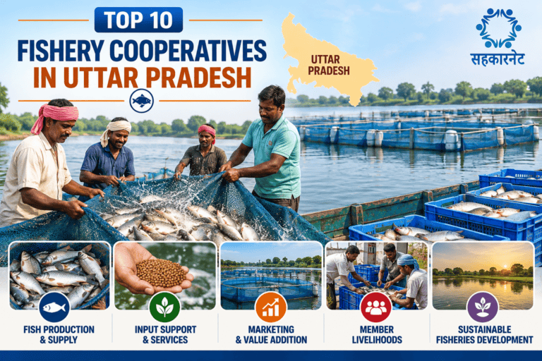 Top 10 Fishery Cooperatives in Uttar Pradesh fishery cooperatives in Uttar Pradesh showing fish farmers, fish harvesting, aquaculture ponds and collective fisheries activities.